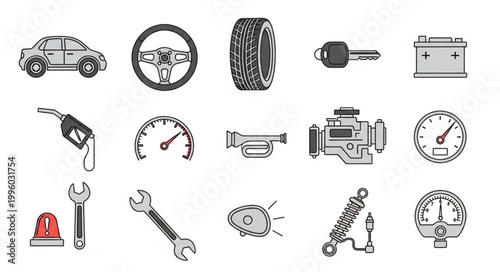 Collection of Car Parts and Automotive Icons Hand Drawn Style.
