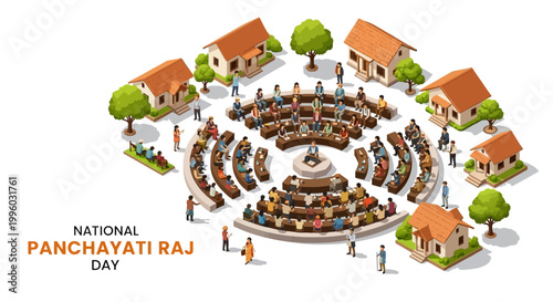 Isometric illustration depicting National Panchayati Raj Day with a village council meeting in session, surrounded by houses against a clean white background, promoting local governance