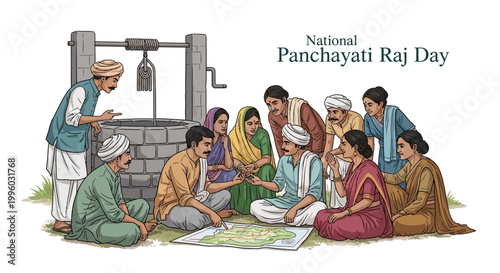 Illustrative vector art for National Panchayati Raj Day in India depicts village council members gathered around a well, examining a map, rendered in a traditional style with muted, earthy