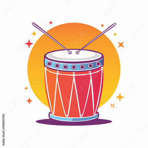Cartoon Drum with Drumsticks and Stars