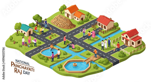 Isometric vector art celebrates National Panchayati Raj Day in India, showcasing a village council scene with people gathering around ponds and houses, rendered with bright colors