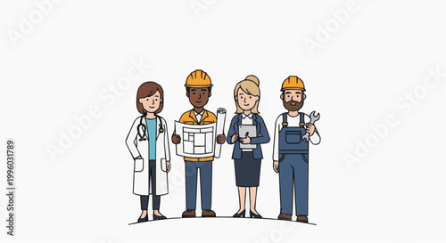 Flat vector illustration of multiple professions 