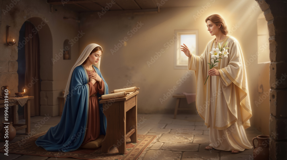 Naklejka premium The Annunciation of the Virgin Mary by the Archangel Gabriel. Biblical scene of Mary kneeling in prayer while an angel holds white lilies in a rustic stone room. Christian religion concept