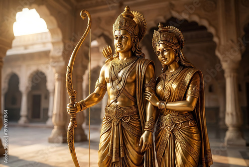 Gorgeous metallic gold idol of shree ram and devi sita placed beautifully within a grand palace setting for a sacred hindu festival puja sita navami