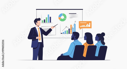 Flat vector illustration of a business professional giving a presentation to a team