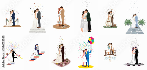 Collection of diverse wedding couple illustrations in various styles and settings, celebrating love and marriage with kisses, confetti, and romantic decorations.