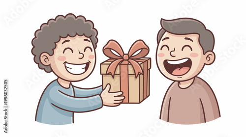 One boy giving a gift box to another boy with happy expressions