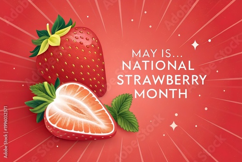 A vibrant illustration celebrating National Strawberry Month with a juicy strawberry and a slice of orange on a red background