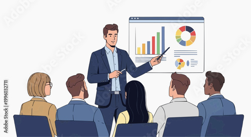 Flat vector illustration of a business professional giving a presentation to a team, charts or board in background, modern flat style, minimal, isolated on white background
