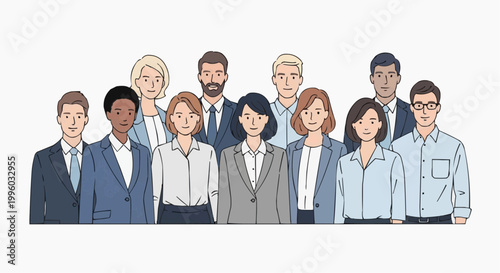 Flat vector illustration of a diverse group of professionals standing together