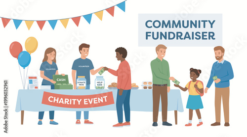 Community fundraiser event with people donating and stalls for charity