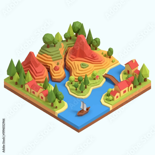 Miniature isometric landscape with mountains river and houses.
