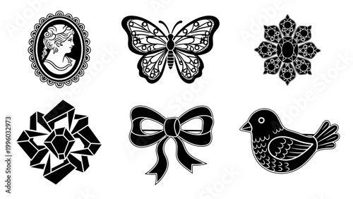 Black and White Decorative Emblems: Cameo, Butterfly, Brooch, Gem, Bow, Bird