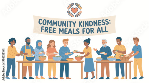 Volunteers serving free meals to people at a community food kitchen