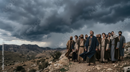 Group of biblical apostles standing in the desert looking up at a dramatic cloudy sky. Ancient historical religious concept with men in traditional robes