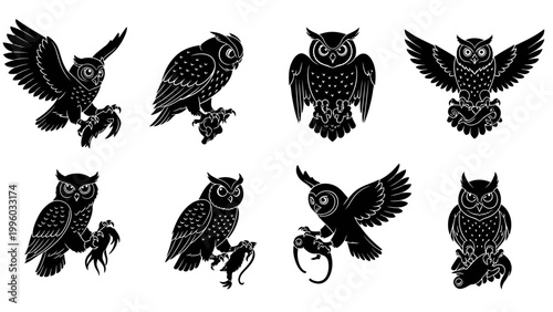Collection of Owl Silhouettes with Prey - Flying and Perched