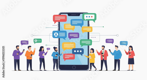 vector illustration of people communicating via smartphone, chat bubbles, social interaction concept, minimal style, isolated on white background