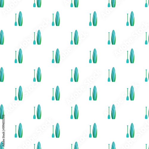 Surfboards and paddles forming a seamless pattern on a white background