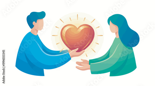Man and woman holding a giant heart symbol representing love and care