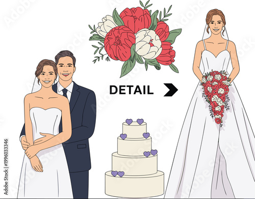 Wedding couple bride bouquet cake set, romantic marriage celebration illustration collection