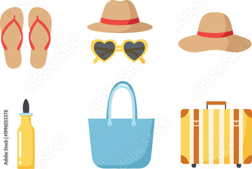 Travel Essentials Icons Set with Flip Flops, Sunglasses, Sun Hat, Tote Bag, and Suitcase for Vacation, Summer, and Adventure Graphics