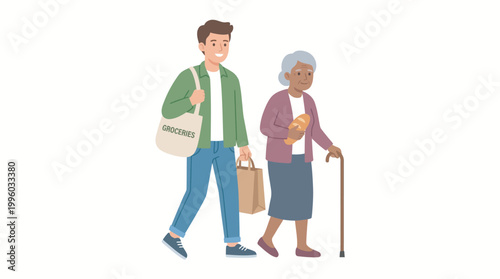 Young man helping an elderly woman walk with her shopping bags