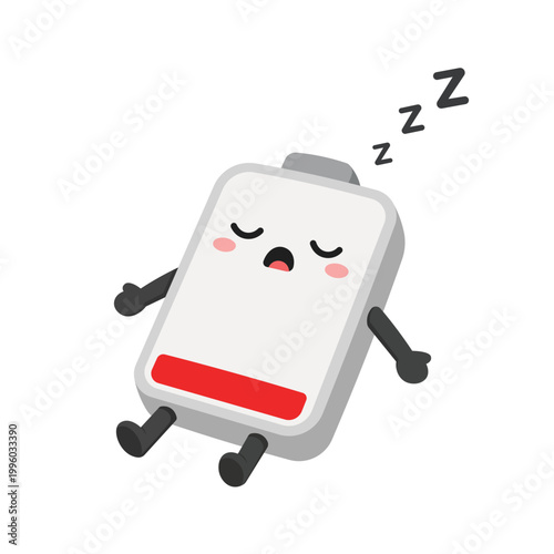 Cute sleeping battery character with low energy red bar