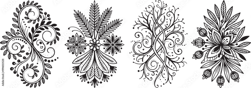 Fototapeta premium Set of hand drawn floral ornaments and decorative botanical elements