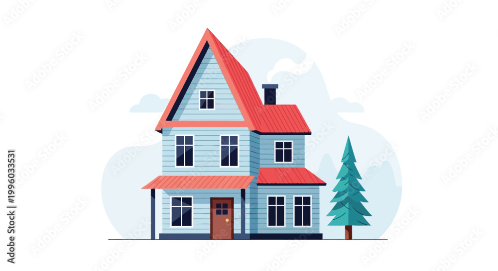 Fototapeta premium A charming two story illustrated house with a red roof light blue siding and a small evergreen tree