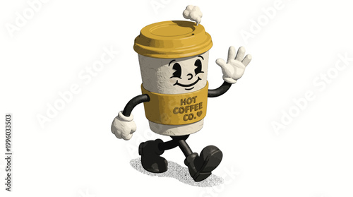 Cartoon coffee cup character waving with a cheerful expression