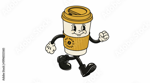 Cartoon coffee cup character walking with happy face