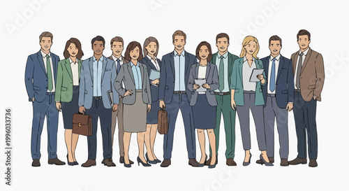Flat vector illustration of a diverse group of professionals standing together, business attire, friendly expressions, minimal design, clean lines, soft color palette, isolated on white background