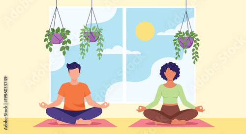 A diverse couple practices mindful meditation together indoors framed by hanging plants and a bright window