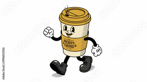 Cartoon coffee cup character walking with a happy face