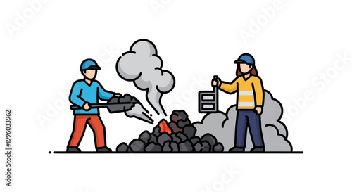 Two workers tending to a pile of hot coals with smoke.