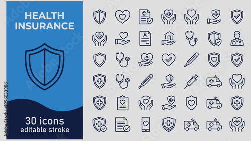 Health insurance icons set for medical and healthcare services online  editable stroke