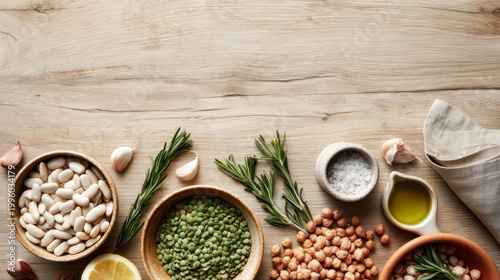 Wooden table holds fresh, natural ingredients. Beans, greens, garlic, herbs, and oil fill the scene. Ripe lemon and salt add earthy tones. Each item appears freshly gathered, untouched