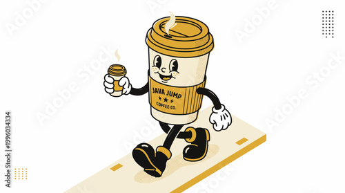 Cartoon coffee cup character walking with a small coffee jar