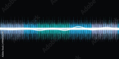 Digital sound visualization line and audio frequency waveform background. Neon blue and cyan glowing signal with white pulse line on black. Vector illustration of voice recognition, music rhythm.