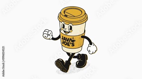 Cartoon coffee cup character walking with Java Joe's logo
