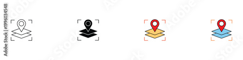 Location pin on map layers icon set. GPS navigation pointer on stacked paper levels. Vector illustrations of geographical position, map tracking, and place marker concept.