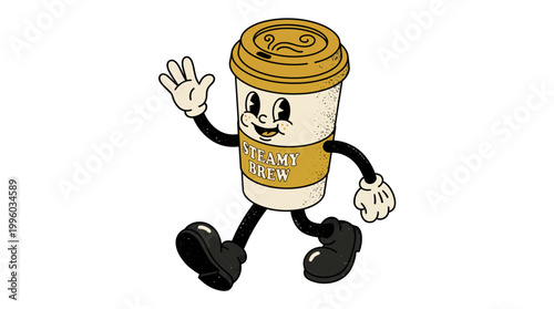Cartoon coffee cup character waving hand smiling STEAMY BREW
