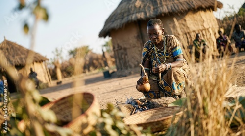 Woman preparing food in a village