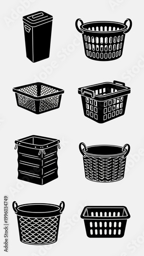 Collection of Various Laundry Baskets and Hampers, Silhouette Style