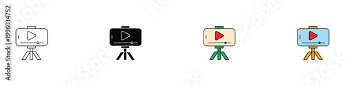 Mobile video streaming and vlog tripod icon set. Smartphone on stand and playback bar symbols. Vector illustrations of mobile recording, live broadcasting, and social media content creation.