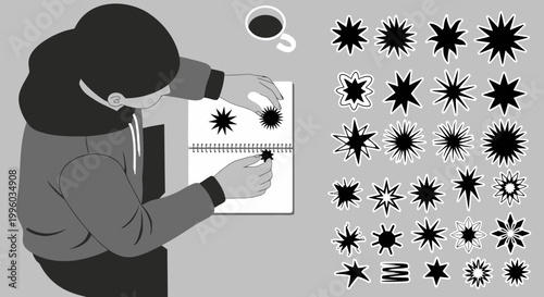 Person arranging star shapes in a notebook, surrounded by star icons