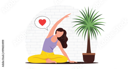 A woman practices yoga with a tropical plant nearby expressing love and wellness high quality