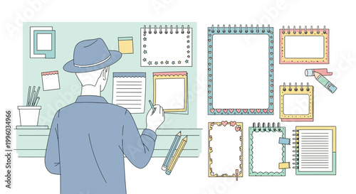 Person planning on a board with sticky notes and decorative frames, illustration