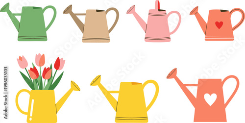 Vector Set of Colorful Watering Cans with Floral Patterns and Hearts for Gardening, Spring, and Nature Themes