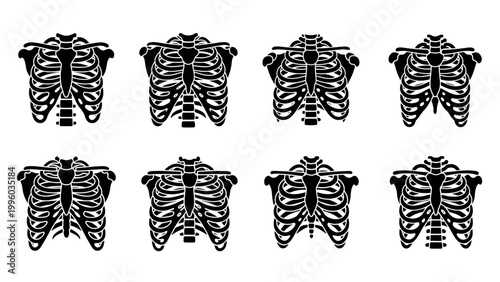 Set of eight black rib cage icons, isolated on white background